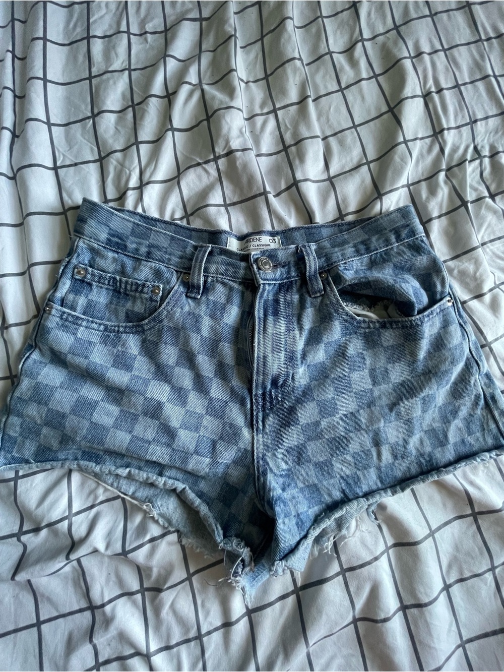 Washed Blue Checkered Denim Shorts